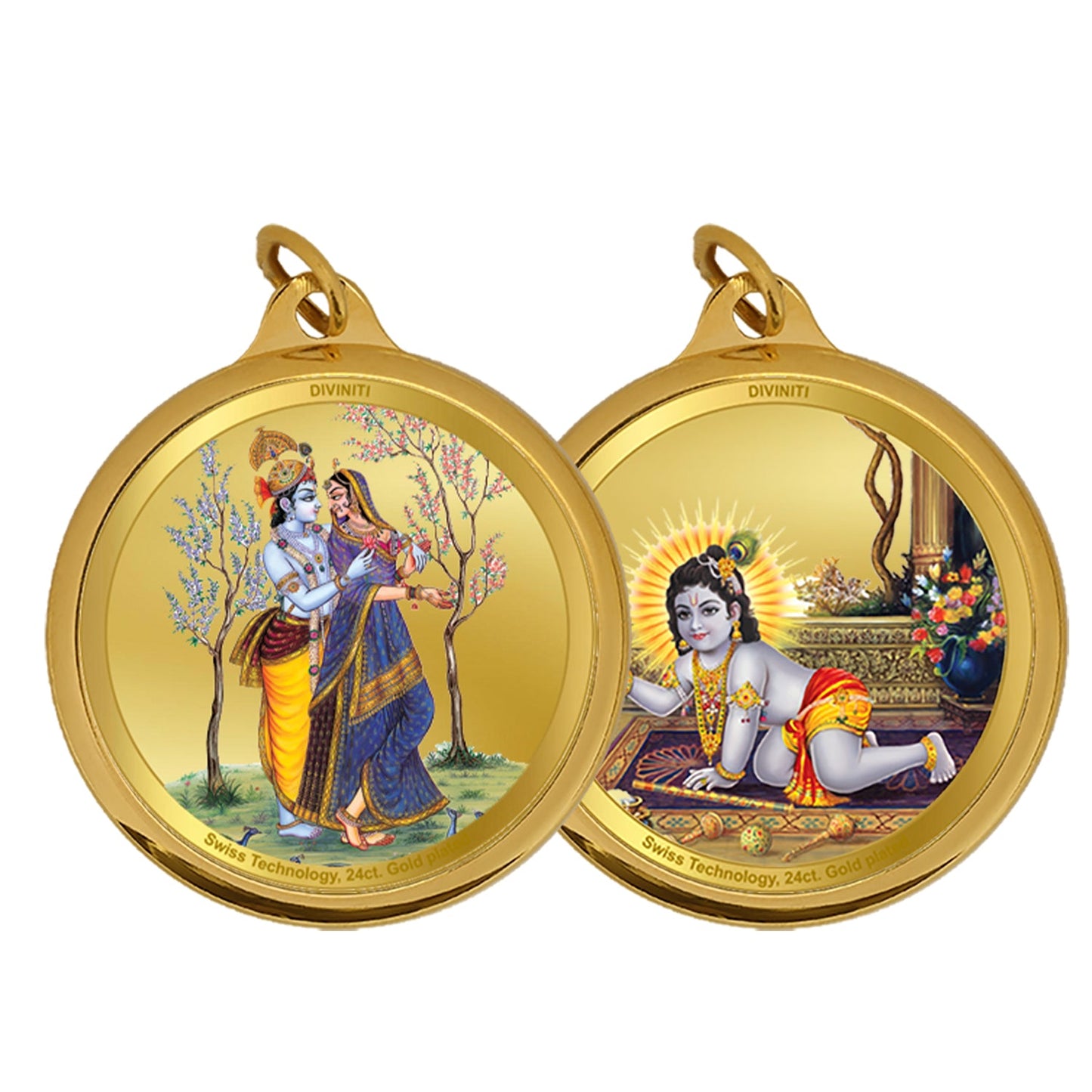 Diviniti 24K Double sided Gold Plated Pendant  RADHA KRISHNA & LADDU GOPAL|18 MM Flip Coin (1 PCS)