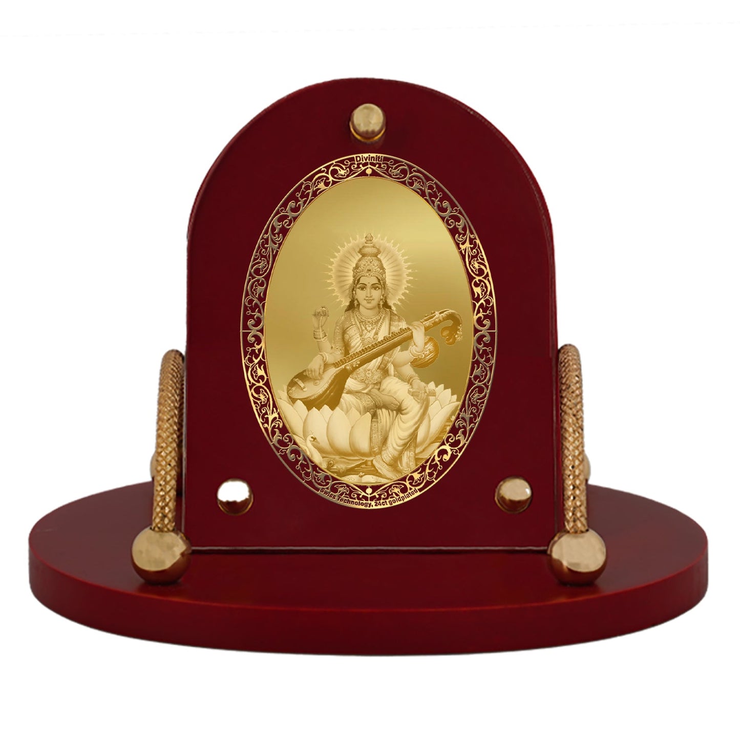 Diviniti 24K Gold Plated Saraswati Mata Frame for Car Dashboard, Home Decor, Table & Office (8 CM x 9 CM)