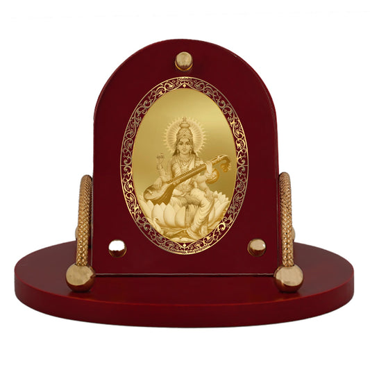 Diviniti 24K Gold Plated Saraswati Mata Frame for Car Dashboard, Home Decor, Table & Office (8 CM x 9 CM)