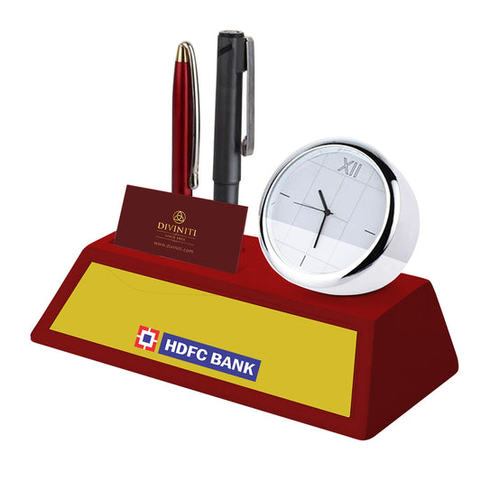 Customized MDF Pen Holder with Round Watch For Corporate Gifting