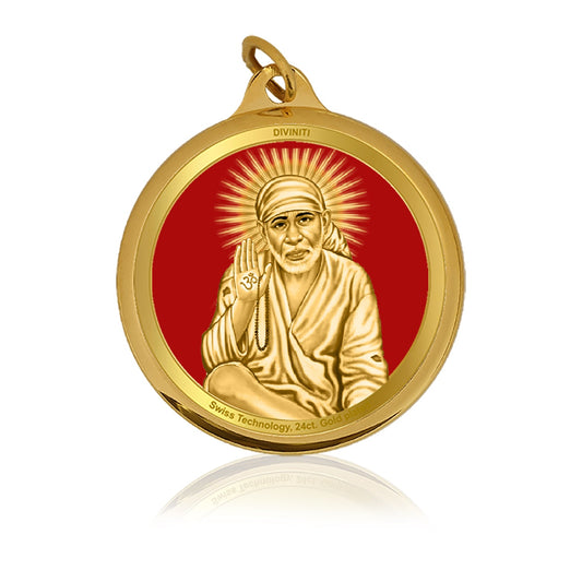 Diviniti 24K Gold Plated Sai Baba & Om 22MM Double Sided Pendant For Men, Women & Kids