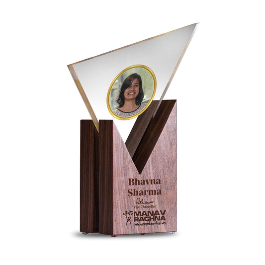 Customized Wooden Base Acrylic Trophy with Matter & Photo Printed For Corporate Gifting