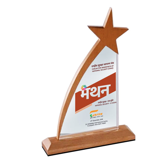 Customized Wooden Base Acrylic Trophy with Matter Printed For Corporate Gifting