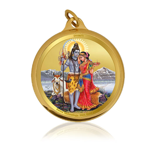 Diviniti 24K Gold Plated Shiva Parvati & Om Namah Shivay 22MM Double Sided Pendant For Men, Women & Kids