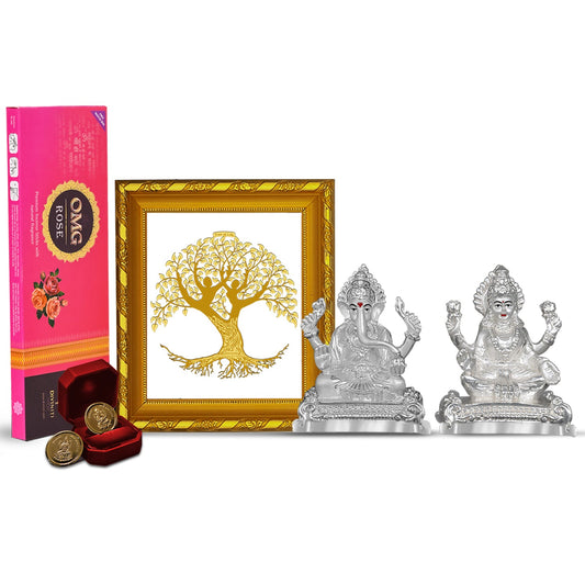 Diviniti Diwali Combo Pack of 24K Gold Plated Life of Tree Photo Frame and 999 Silver Plated Laxmi Ganesha Idol With 24K Gold Plated Laxmi Ganesha Coins & OMG Rose Incense Sticks For Deepawali Pooja