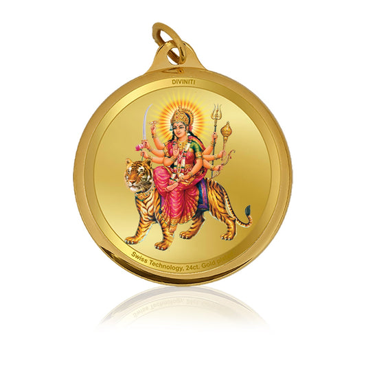 Diviniti 24K Gold Plated Durga Ji & Mata Ka Darbar 22MM Double Sided Pendant For Men, Women & Kids