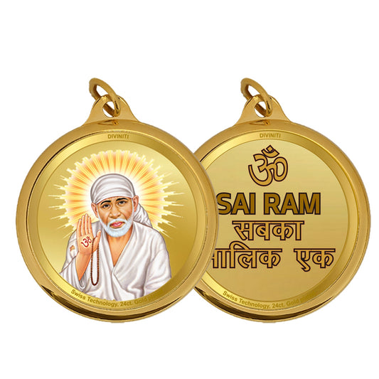 Diviniti 24K Double sided Gold Plated Pendant  SAI BABA & OM|18 MM Flip Coin (1 PCS)