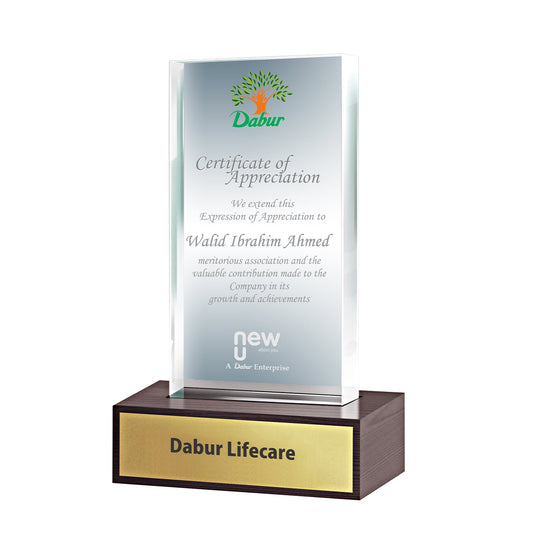 Customized Wooden Base Acrylic Trophy with Matter Printed For Corporate Gifting