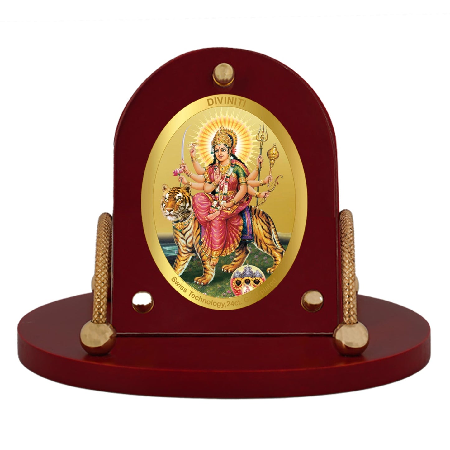 Diviniti 24K Gold Plated Durga Mata Frame for Car Dashboard, Home Decor, Table & Office (8 CM x 9 CM)