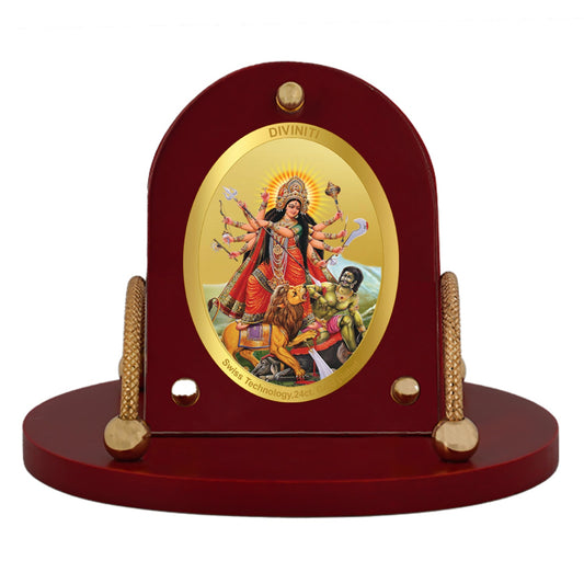 Diviniti 24K Gold Plated Durga Mata Frame for Car Dashboard, Home Decor, Table & Office (8 CM x 9 CM)