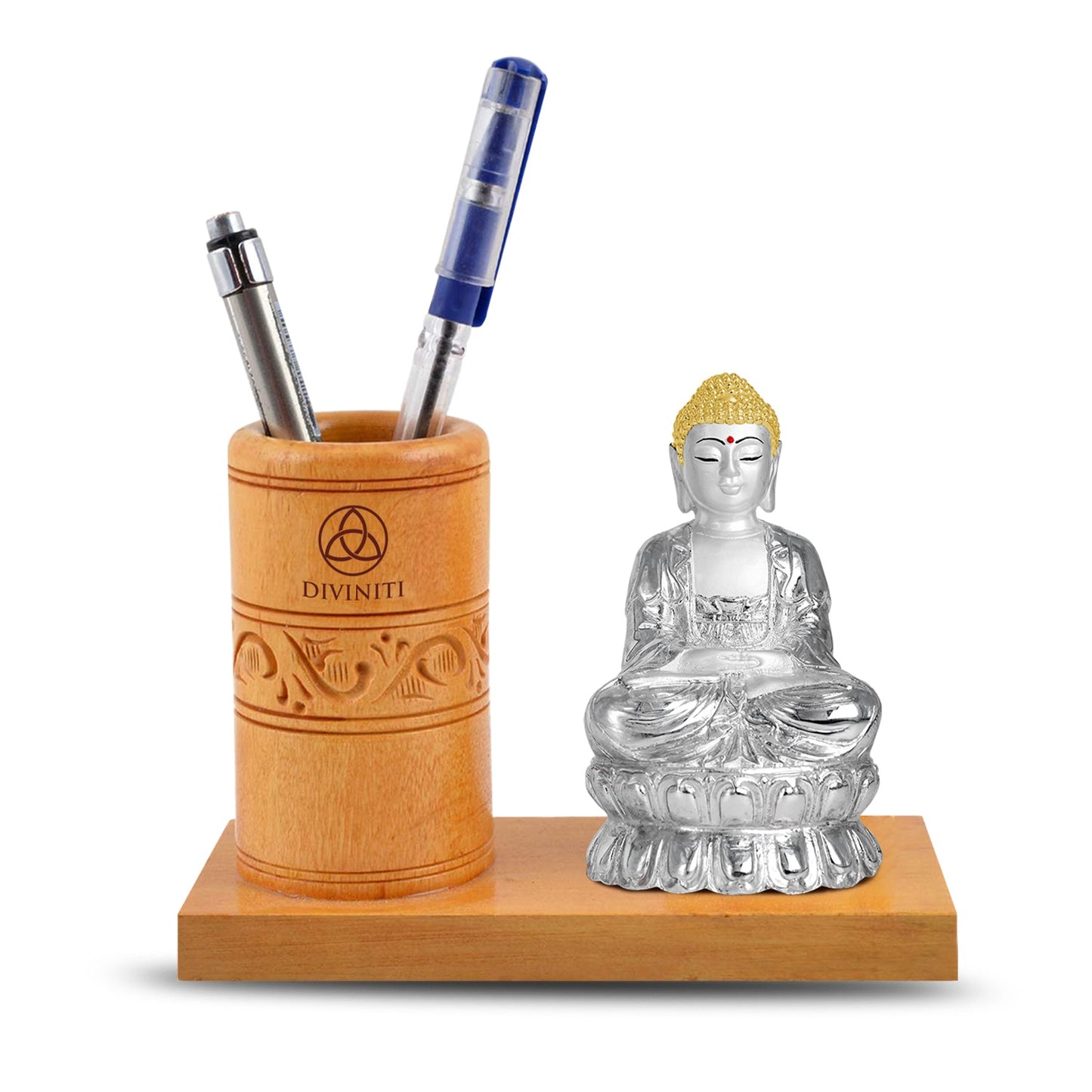 Diviniti Customized Wooden Table Top With 999 Silver Plated Buddha Idol For University