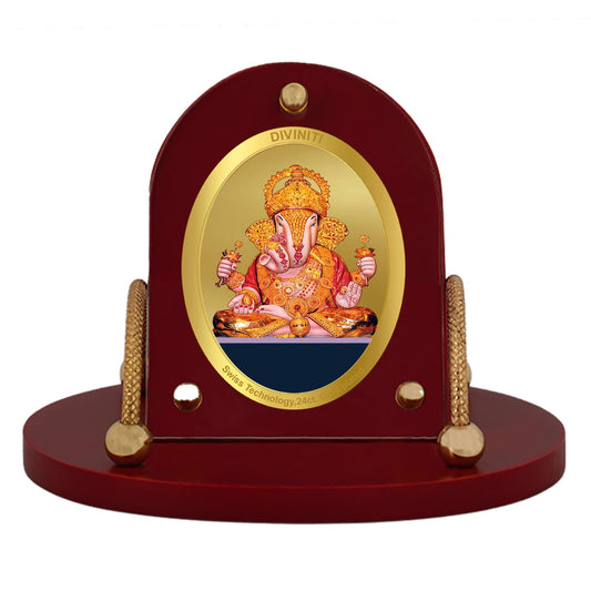 Diviniti 24K Gold Plated Dagdu Ganesh Frame for Car Dashboard, Home Decor, Table & Office (8 CM x 9 CM)