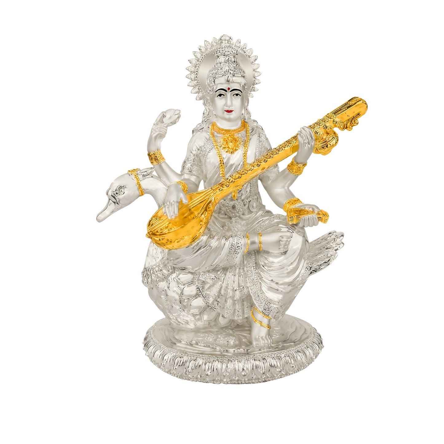 Diviniti 999 Silver Plated Saraswati Mata Idol for Home Decor Showpiece (18X21CM)