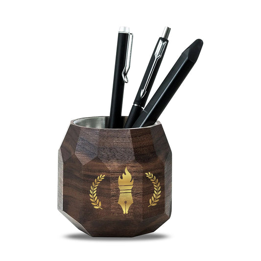 Customized Wooden Pen Holder With Gold Colored Design For Corporate Gifting