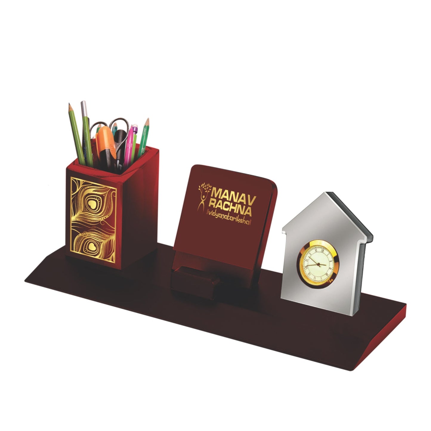 MDF Pen Holder with 24K Gold Plated Feather & Round Watch For Corporate Gifting