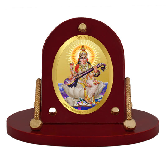 Diviniti 24K Gold Plated Saraswati Mata Frame for Car Dashboard, Home Decor, Table & Office (8 CM x 9 CM)