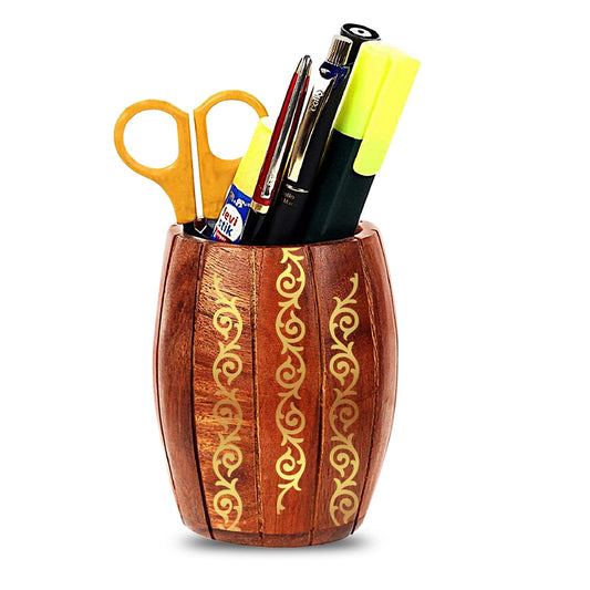 Customized Wooden Pen Holder With Gold Colored Design For Corporate Gifting