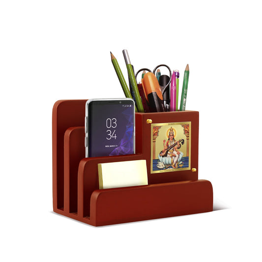 Diviniti Customized Pen Holder with 24K Gold Plated Saraswati Ji Frame For University (10 x 12 CM)