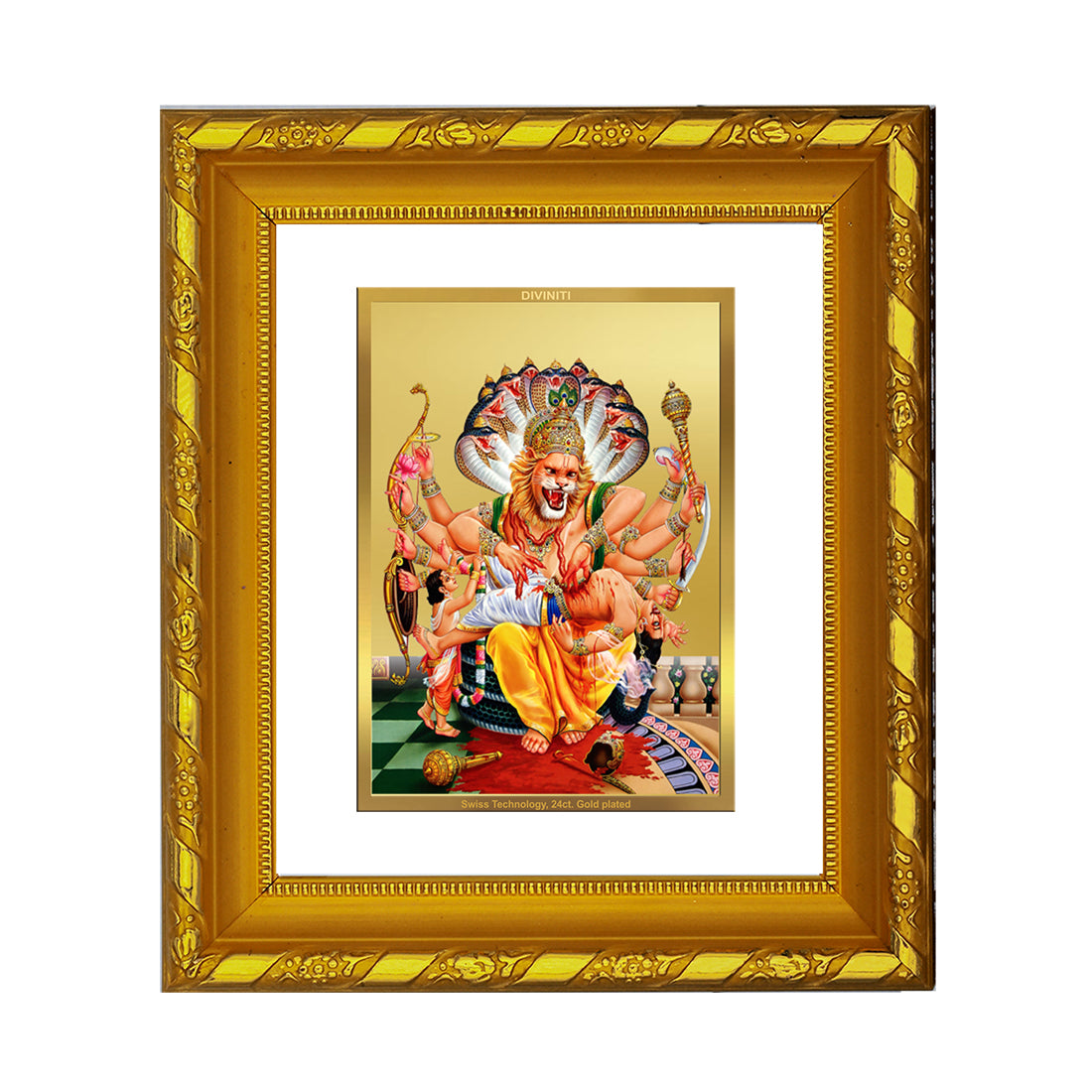 DIVINITI 24K Gold Plated Narsimha Wall Photo Frame For Home Decor, TableTop, Puja (15.0 X 13.0 CM)