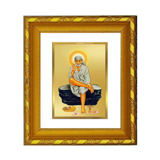 DIVINITI 24K Gold Plated Sai Baba Photo Frame For Home Wall Decor, TableTop, Prayer Room (15.0 X 13.0 CM)