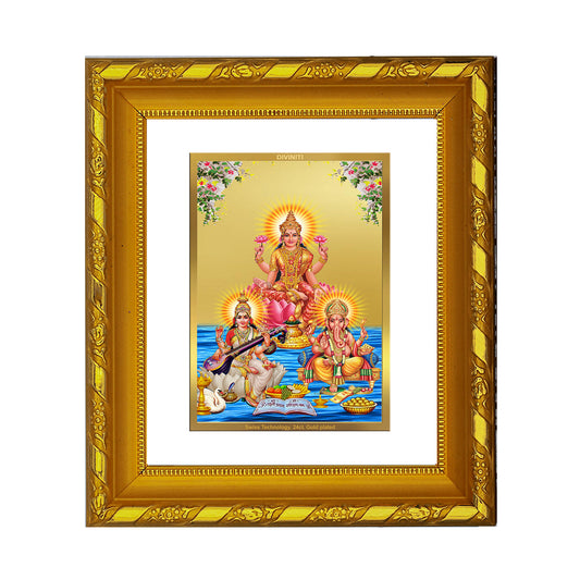 DIVINITI 24K Gold Plated Lakshmi Ganesha Saraswati Photo Frame For Home Wall Decor, Puja (15.0 X 13.0 CM)