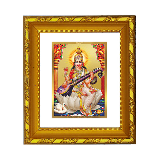 DIVINITI 24K Gold Plated Saraswati Mata Wall Photo Frame For Home Decor, Office, Gift (15.0 X 13.0 CM)