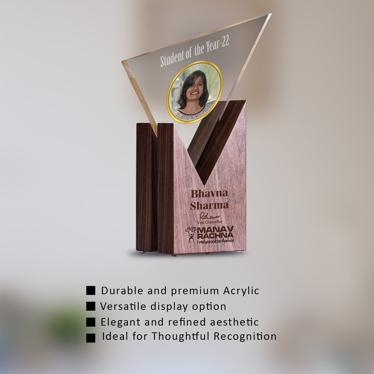 Customized Wooden Base Acrylic Trophy with Matter & Photo Printed For Corporate Gifting