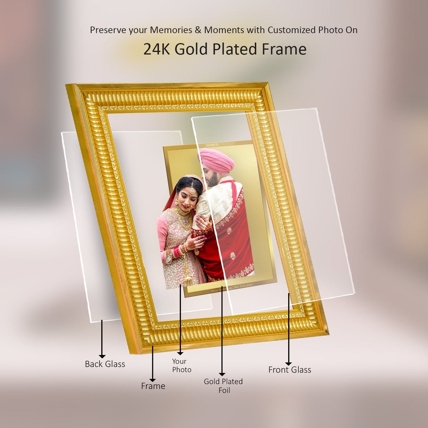 Diviniti Photo Frame With Customized Photo Printed on 24K Gold Plated Foil| Personalized Gift for Birthday, Marriage Anniversary & Celebration With Loved Ones|DG 022 Size 4