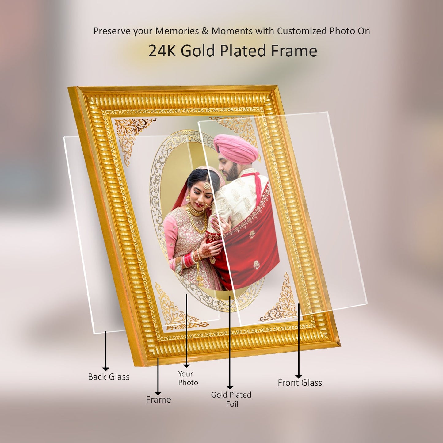 Diviniti Photo Frame With Customized Photo Printed on 24K Gold Plated Foil| Personalized Gift for Birthday, Marriage Anniversary & Celebration With Loved Ones|DG 022 Size 4