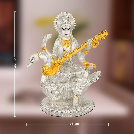 Diviniti 999 Silver Plated Saraswati Mata Idol for Home Decor Showpiece (18X21CM)