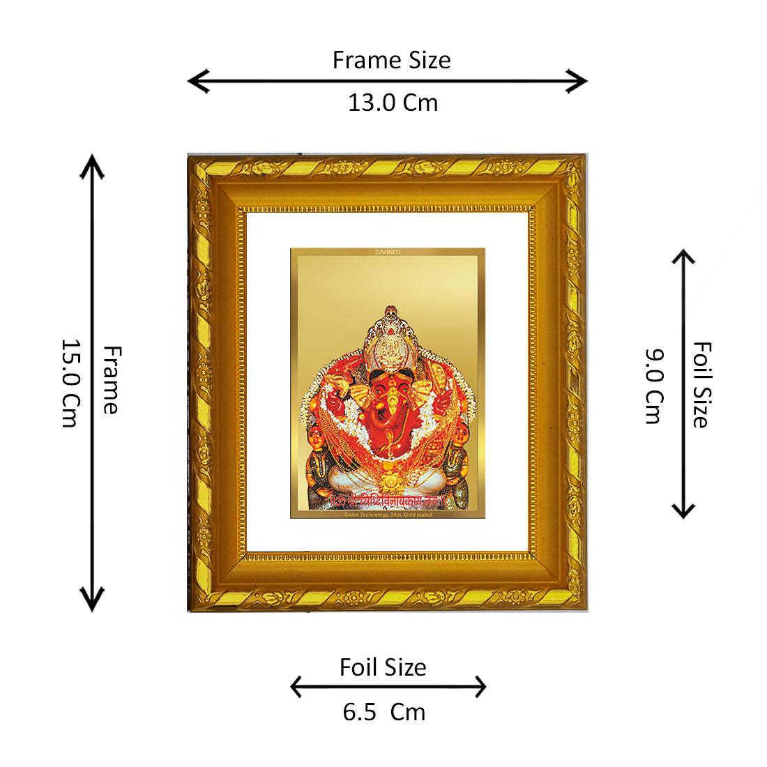 DIVINITI 24K Gold Plated Siddhivinayak Photo Frame For Home Decor, Festive Gift, Puja (15.0 X 13.0 CM)