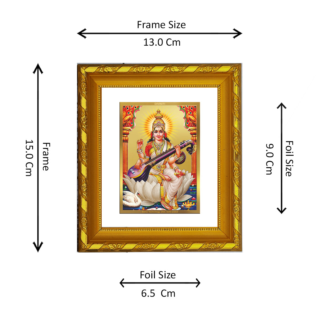 DIVINITI 24K Gold Plated Saraswati Mata Wall Photo Frame For Home Decor, Office, Gift (15.0 X 13.0 CM)