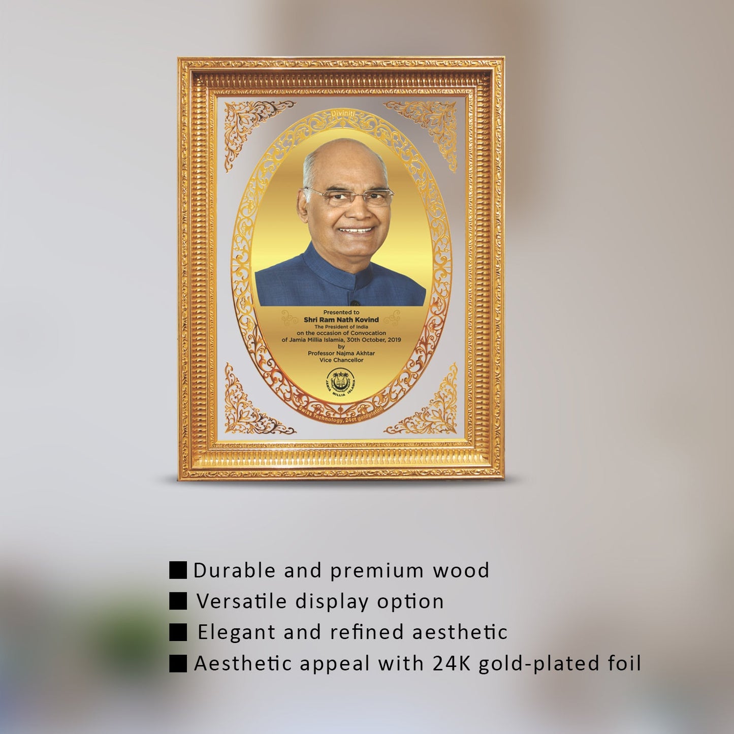 Golden Felicitation Frame in Double Glass with Image & Matter Printed on 24K Gold Plated Foil For Corporate Gifting