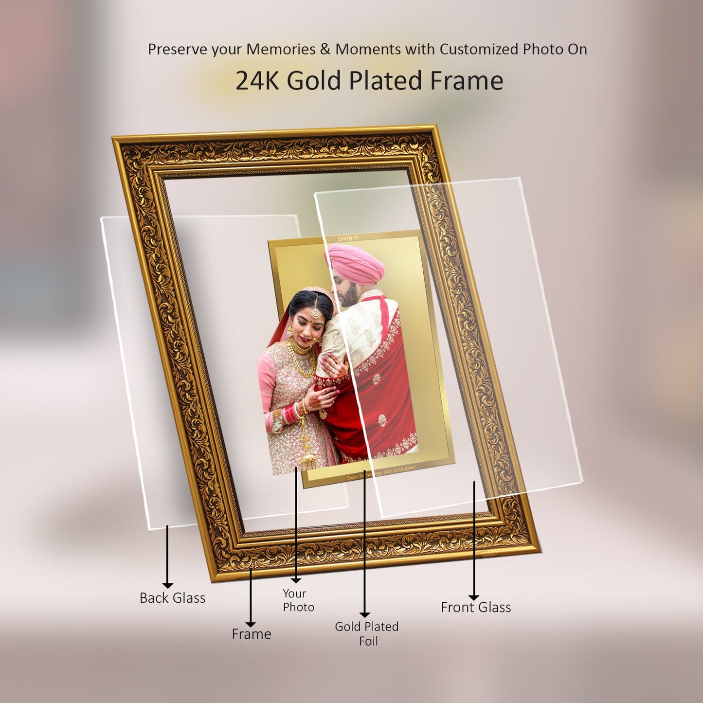 Diviniti Photo Frame With Customized Photo Printed on 24K Gold Plated Foil| Personalized Gift for Birthday, Marriage Anniversary & Celebration With Loved Ones|DG 093 Size 5