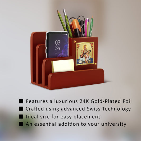 Diviniti Customized Pen Holder with 24K Gold Plated Saraswati Ji Frame For University (10 x 12 CM)