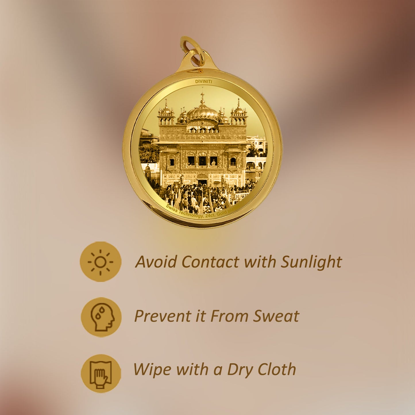 Diviniti 24K Gold Plated Guru Nanak & Golden Temple 22MM Double Sided Pendant For Men, Women & Kids