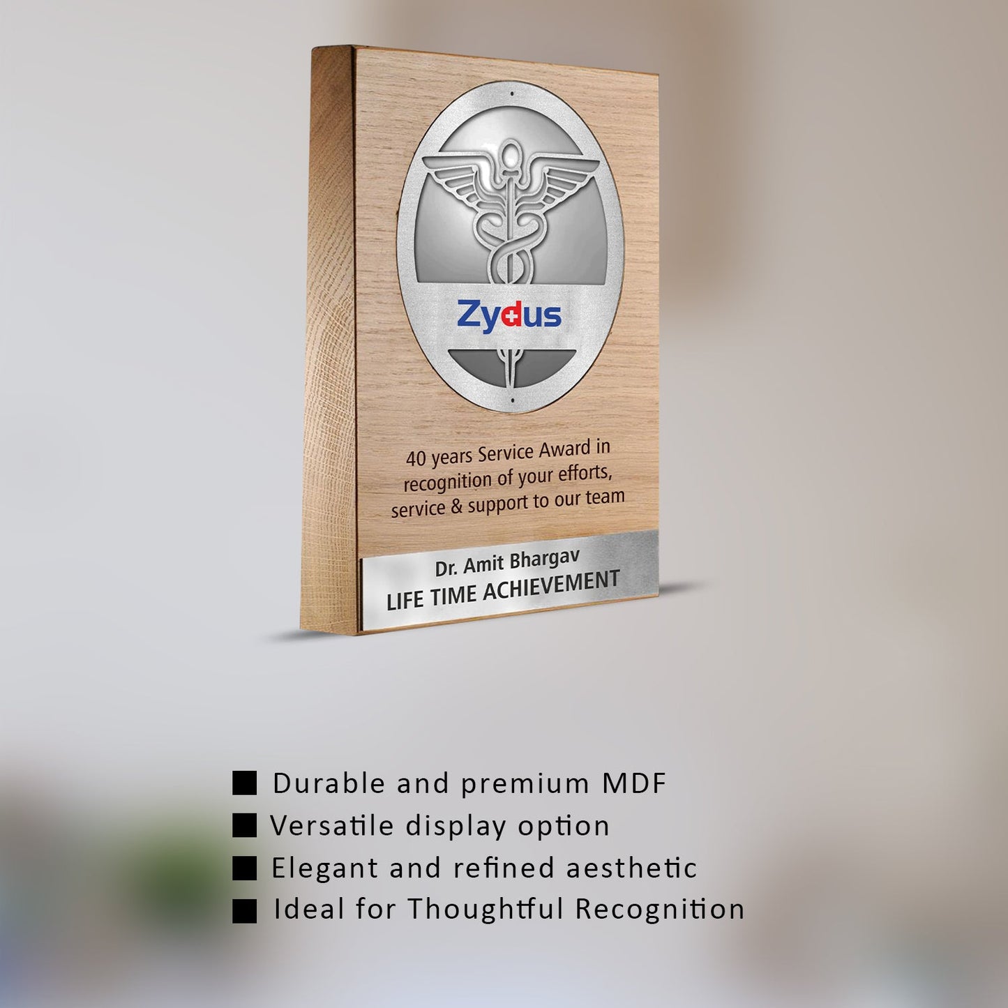 Customized Wooden Memento with Metal Logo & Matter Printed For Corporate Gifting