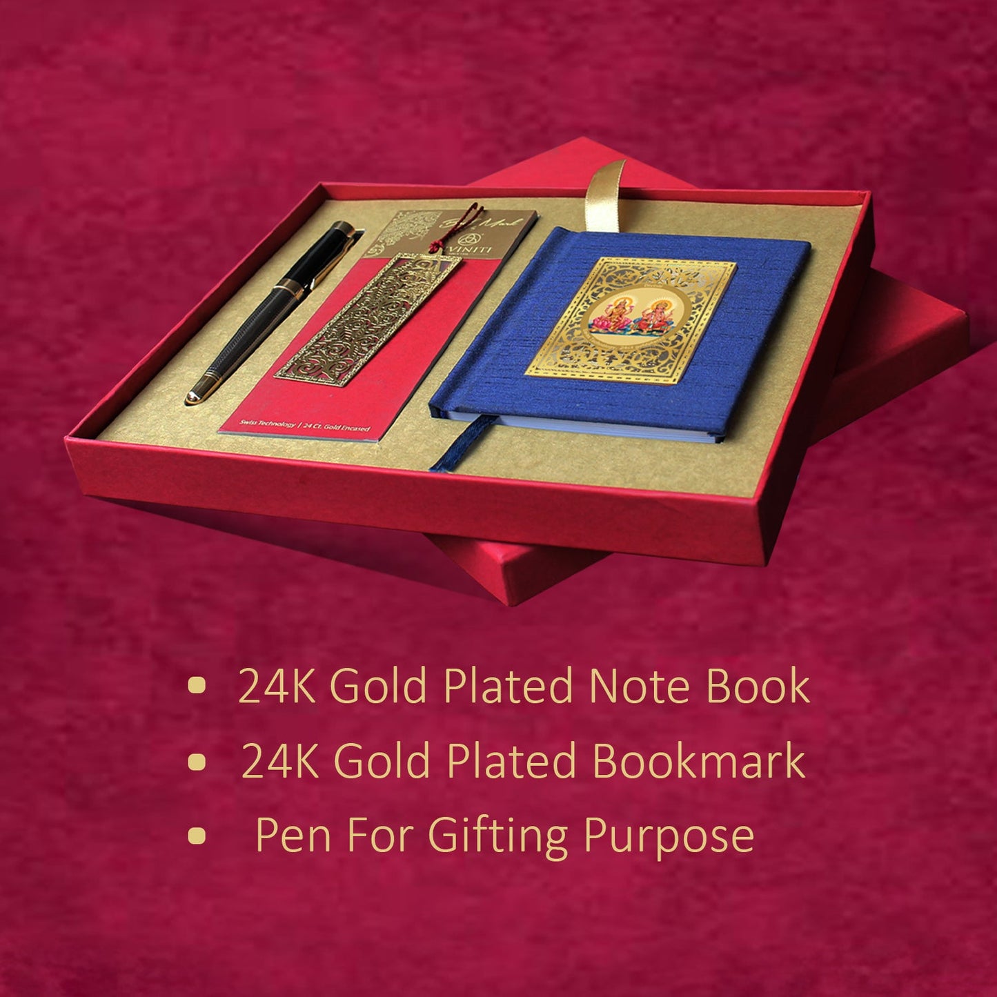 Diviniti Combo of 24K Gold Plated Note Book with Pen & 24K Gold Plated Bookmark For Wedding Gift