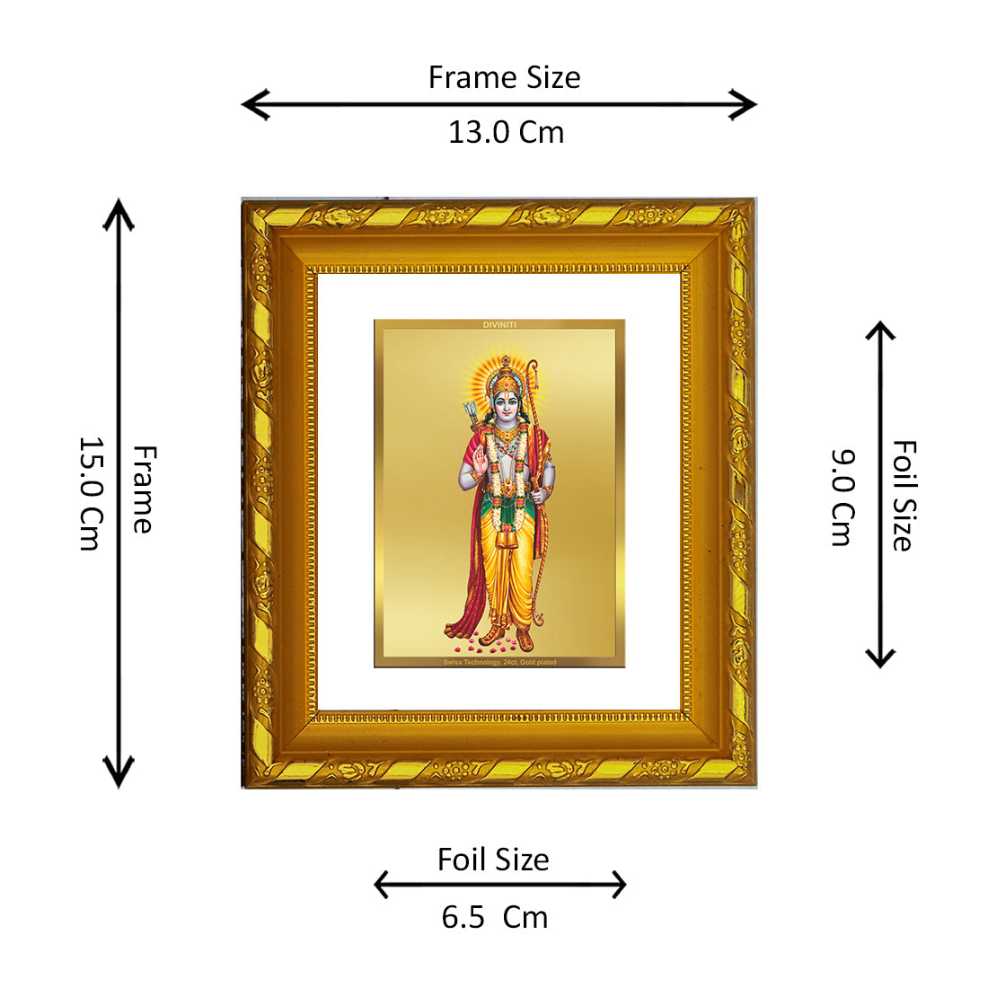 DIVINITI 24K Gold Plated Lord Ram Photo Frame For Home Wall Decor, Puja, Diwali Gift (15.0 X 13.0 CM)