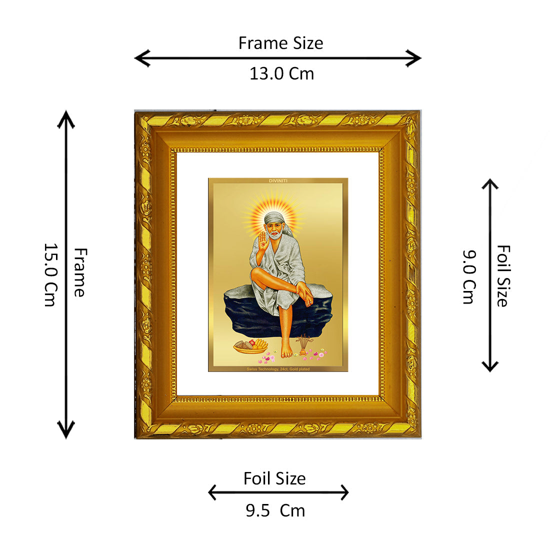 DIVINITI 24K Gold Plated Sai Baba Photo Frame For Home Wall Decor, TableTop, Prayer Room (15.0 X 13.0 CM)