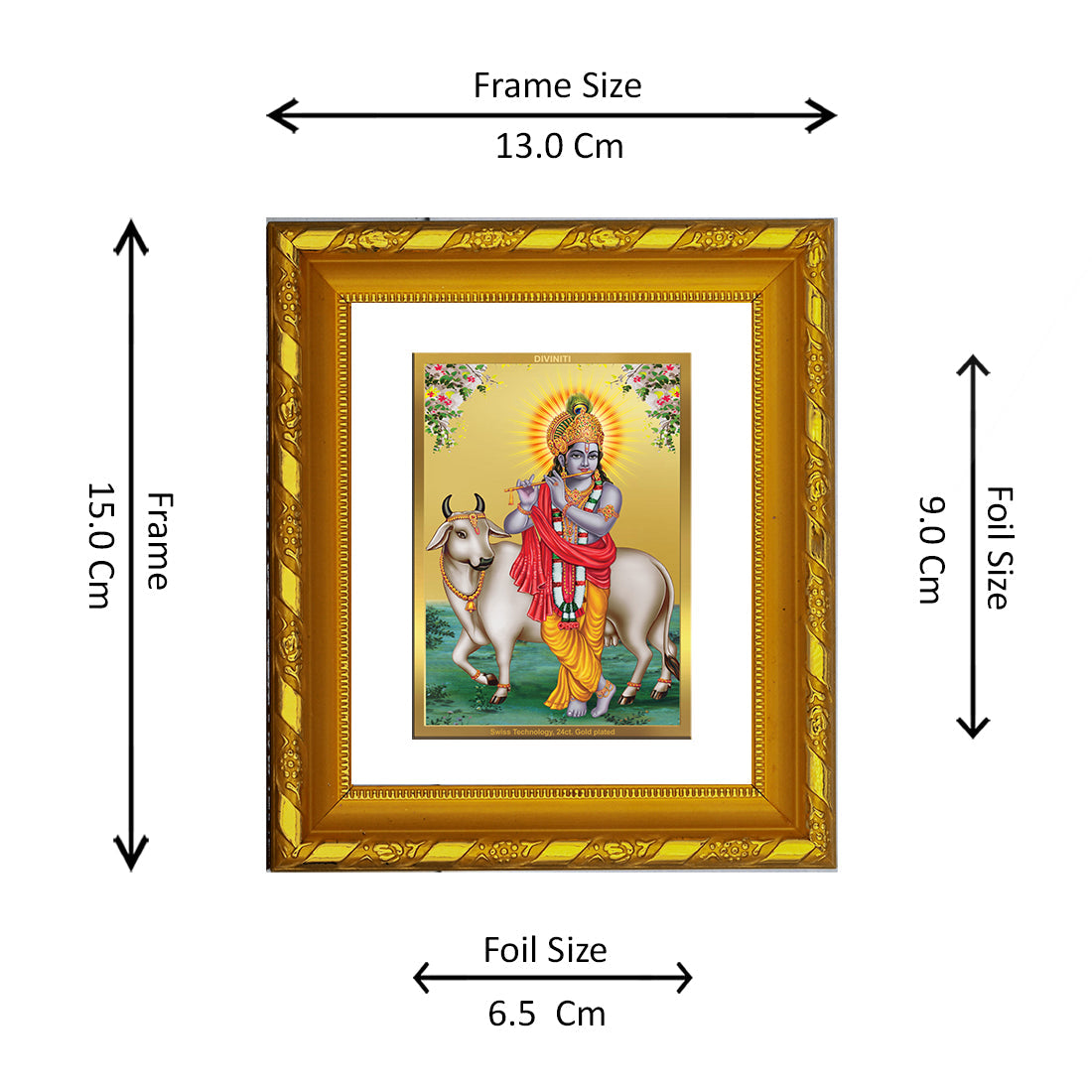 DIVINITI 24K Gold Plated Krishna Ji Photo Frame For Home Decor, TableTop, Puja, Gift (15.0 X 13.0 CM)