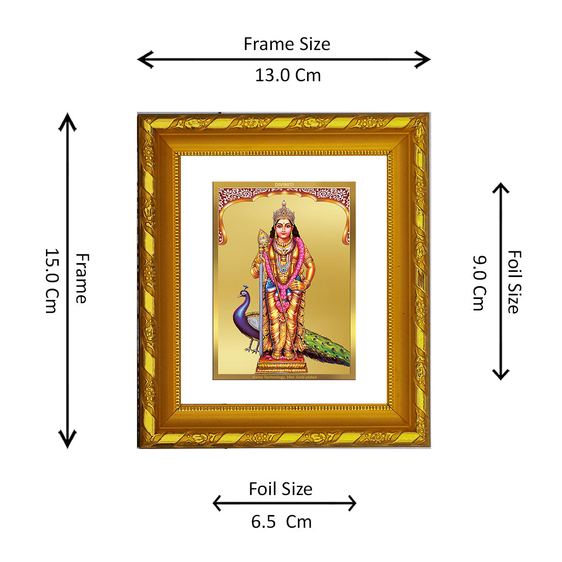 DIVINITI 24K Gold Plated Murugan Photo Frame For Home Decor Showpiece, Prayer, Gift (15.0 X 13.0 CM)