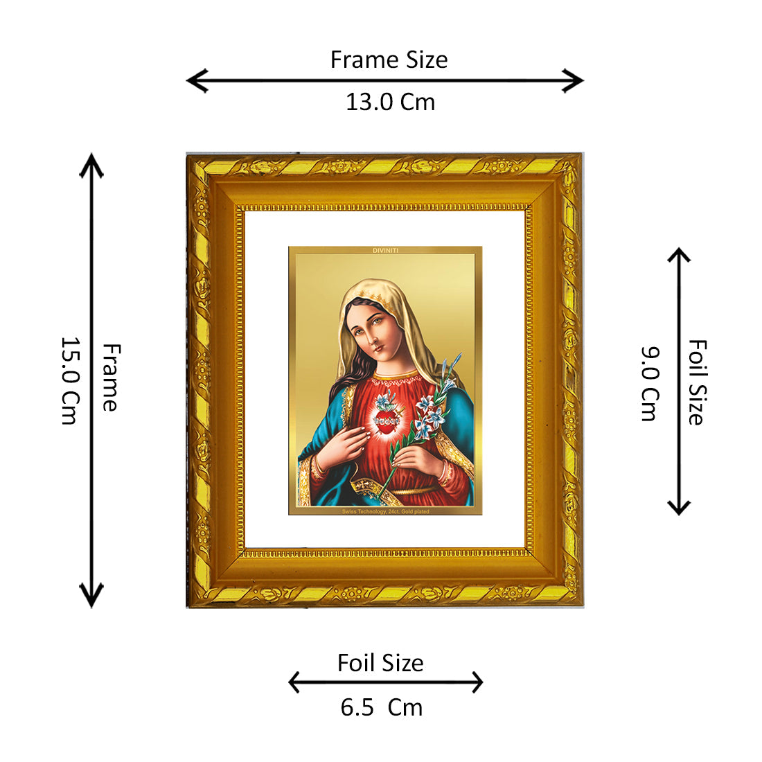 DIVINITI 24K Gold Plated Mother Mary Photo Frame For Home Wall Decor, Luxury Gift (15.0 X 13.0 CM)