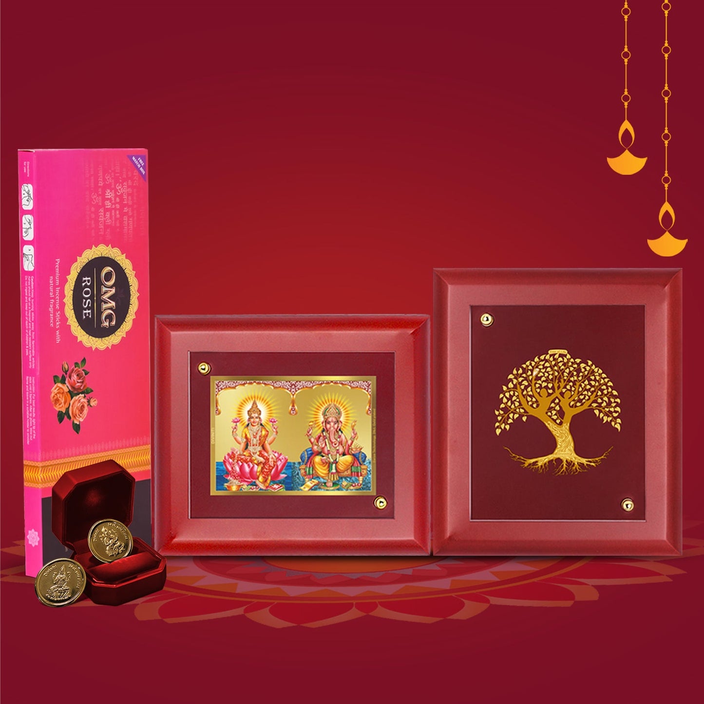 Diviniti Diwali Festival Combo Pack Of 24K Gold Plated Laxmi Ganesha and Tree of Life Photo Frame With 24K Gold Plated Laxmi Ganesha Coins & OMG Rose Incense Sticks For Deepawali Pooja