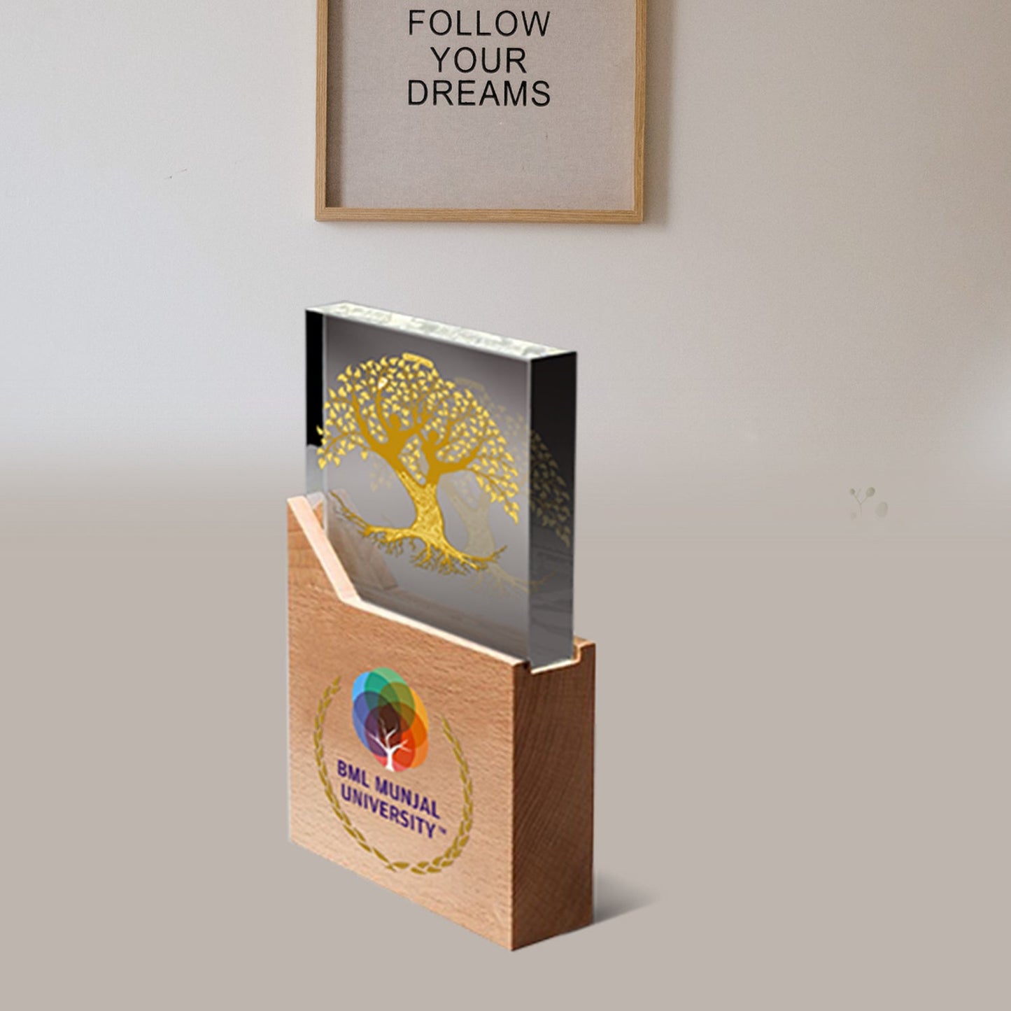 Customized Wooden Base Acrylic Trophy with Matter Printed For Corporate Gifting