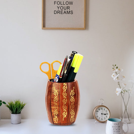 Customized Wooden Pen Holder With Gold Colored Design For Corporate Gifting