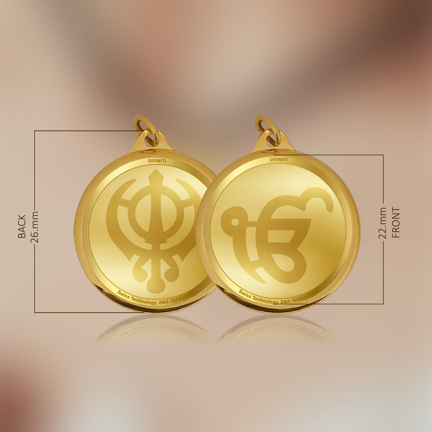 Diviniti 24K Gold Plated Khanda Sahib & Ek Onkar 22MM Double Sided Pendant For Men, Women & Kids