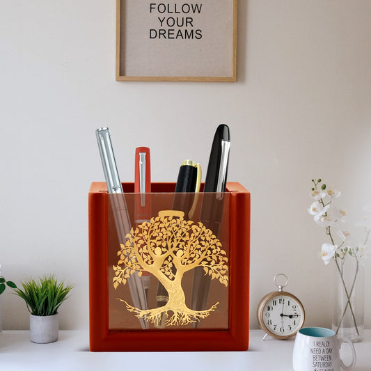 MDF Pen Holder with 24K Gold Plated Tree of Life Frame For Corporate Gifting