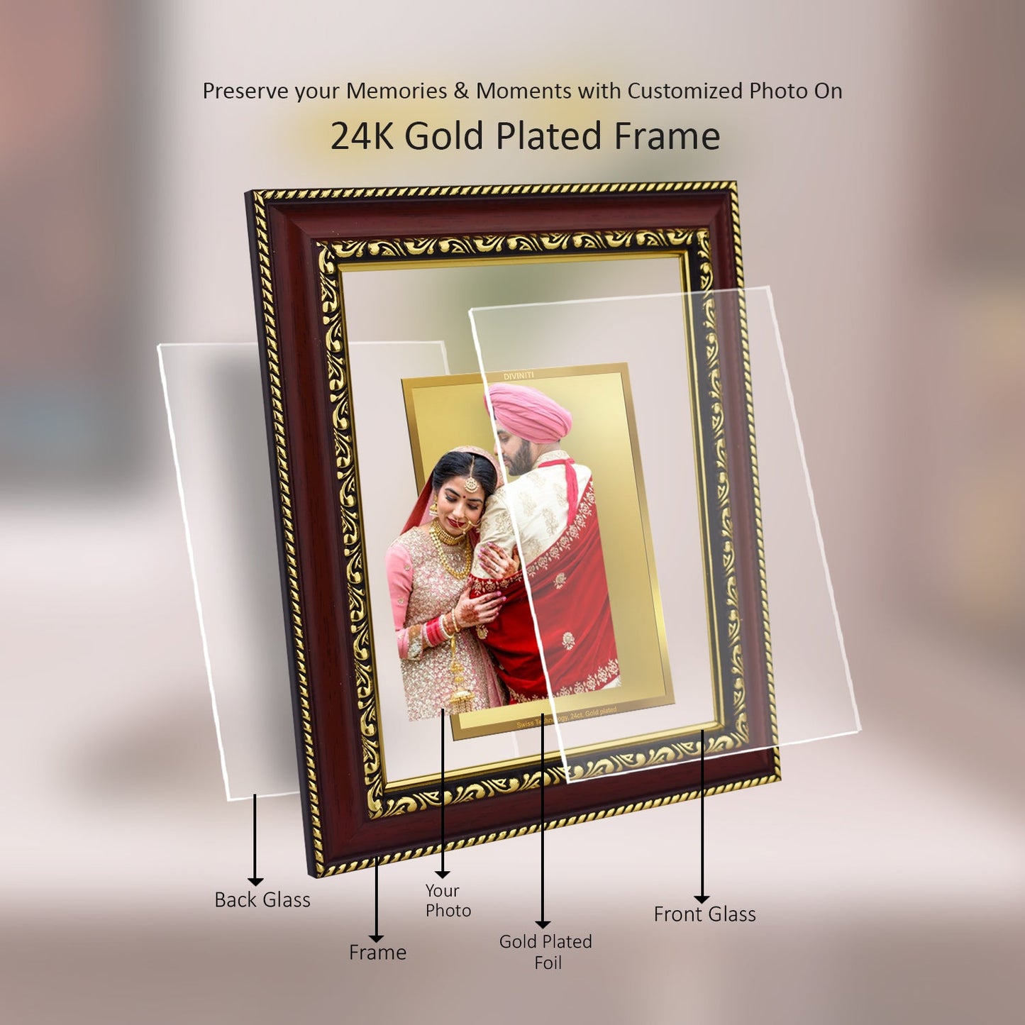 Diviniti Photo Frame With Customized Photo Printed on 24K Gold Plated Foil| Personalized Gift for Birthday, Marriage Anniversary & Celebration With Loved Ones|DG 105 S2