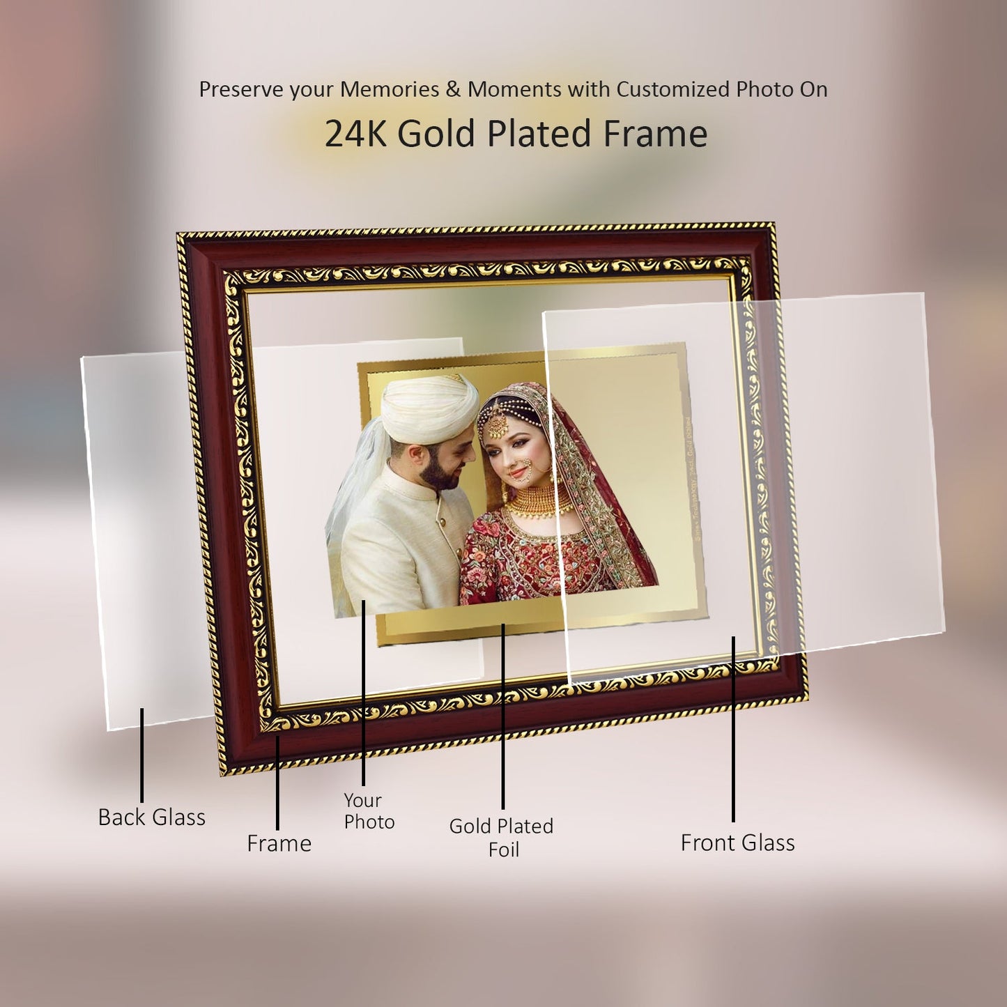 Diviniti Photo Frame With Customized Photo Printed on 24K Gold Plated Foil| Personalized Gift for Birthday, Marriage Anniversary & Celebration With Loved Ones|DG 105 S2.5